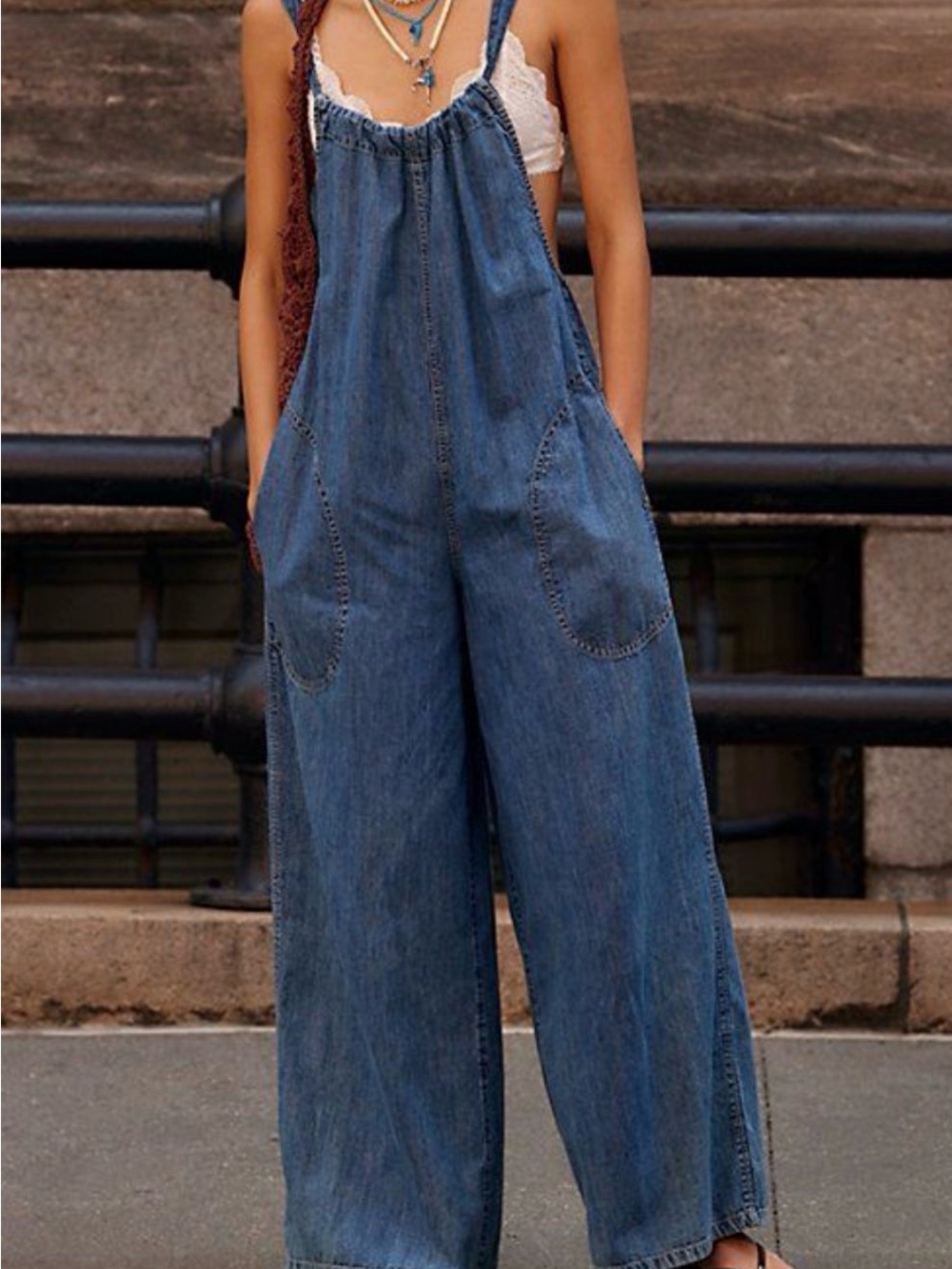 💙Free People Blue Denim Wide Leg Tie Back Jumpsuit Overalls👖